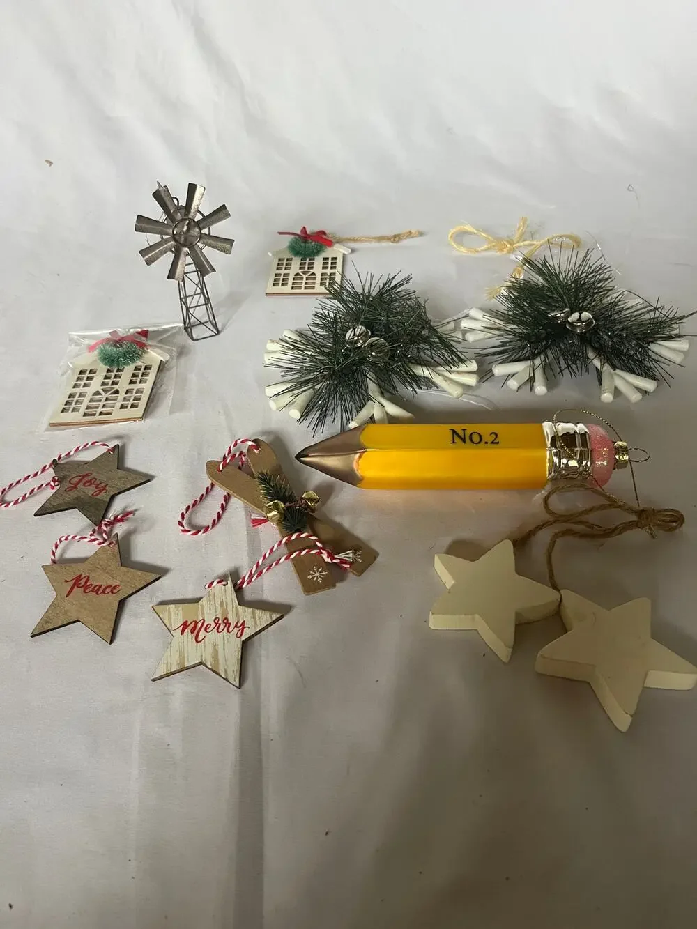 Christmas Ornament Lot Farmhouse Glass Pencil Metal Windmill Wood Stars Wreath
